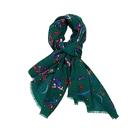 Drake's Green Mughal and Stars Print Wool Scarf