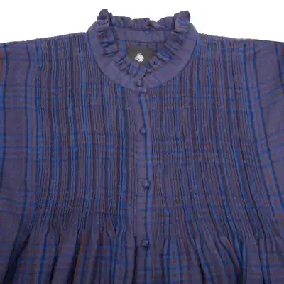 Maison De Soil Wool/Cotton Frill Collar Pintuck Shirt in Bright Navy and Brown Check
