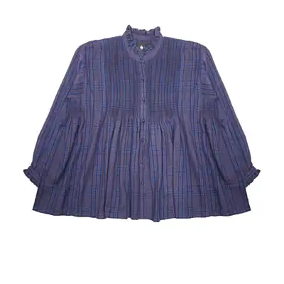 Maison De Soil Wool/Cotton Frill Collar Pintuck Shirt in Bright Navy and Brown Check