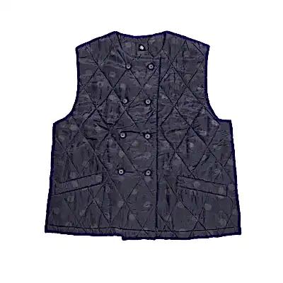 Maison De Soil Silk No Collar Double Vest in Dark Navy and Charcoal Grey Dot Print