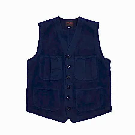 Workwear vest in cotton and linen blend hopsack. 56% Cotton / 44% Linen. Made in France.